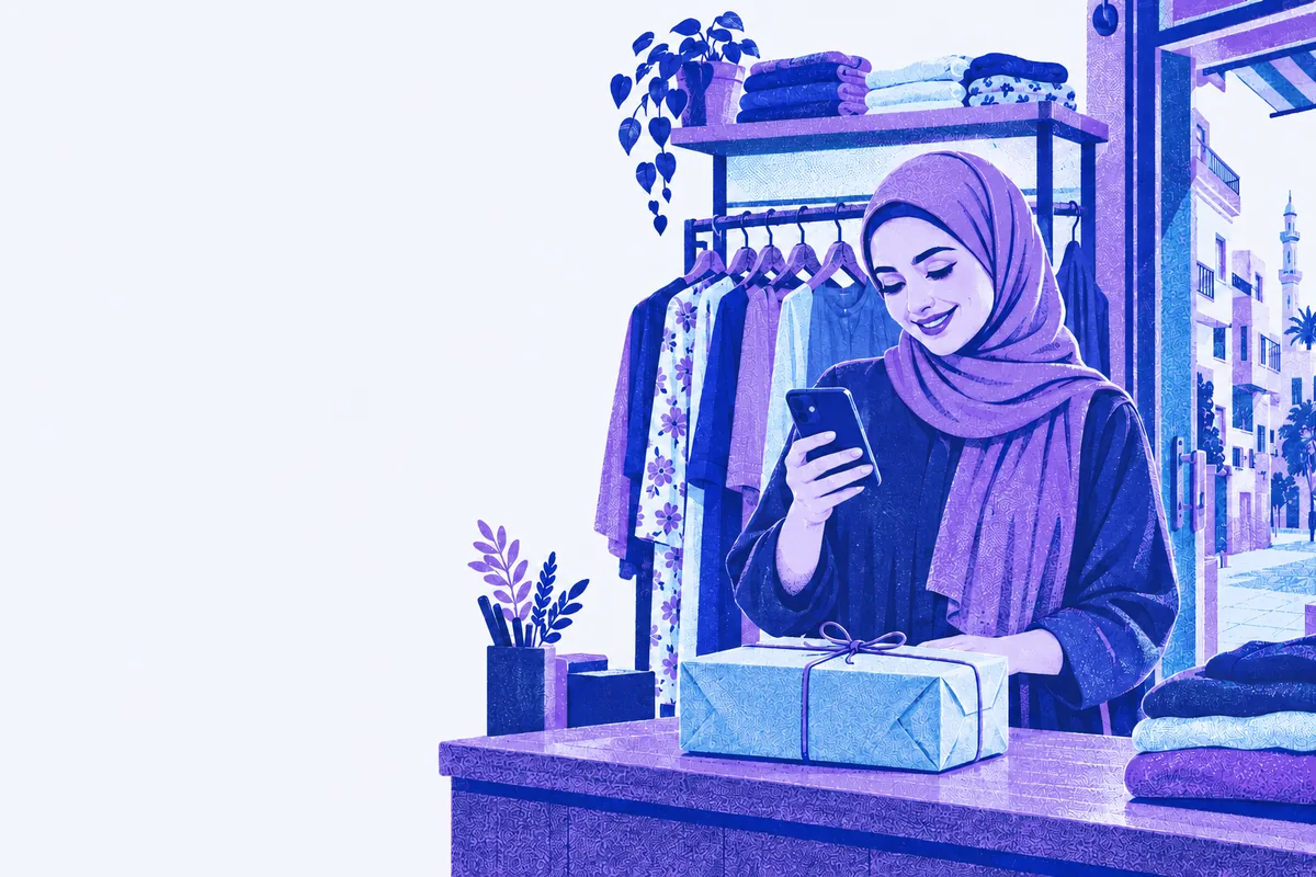 رسم توضيحي لصاحبة محل ملابس مبسوطة وهي بتشوف طلب جديد وصلها كامل على الموبايل
