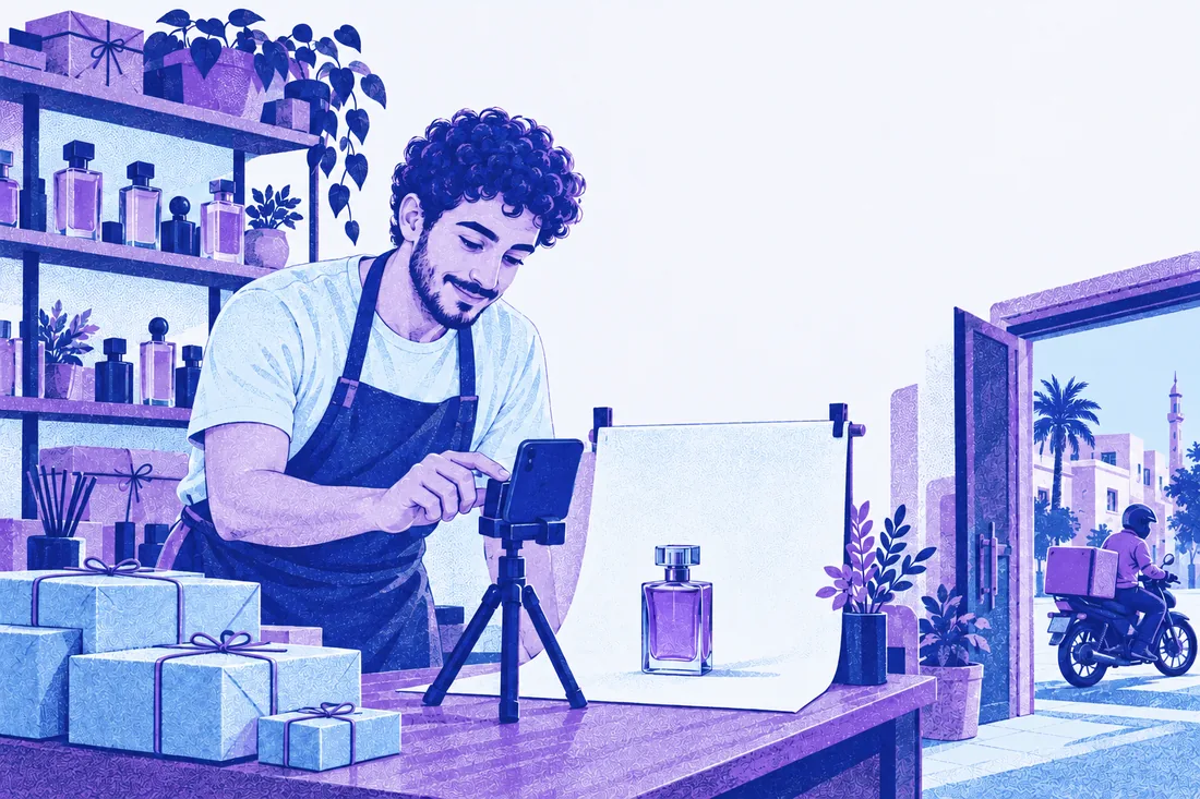 رسم توضيحي لصاحب براند بيصوّر منتجه بالموبايل والطلبات جاهزة للتوصيل